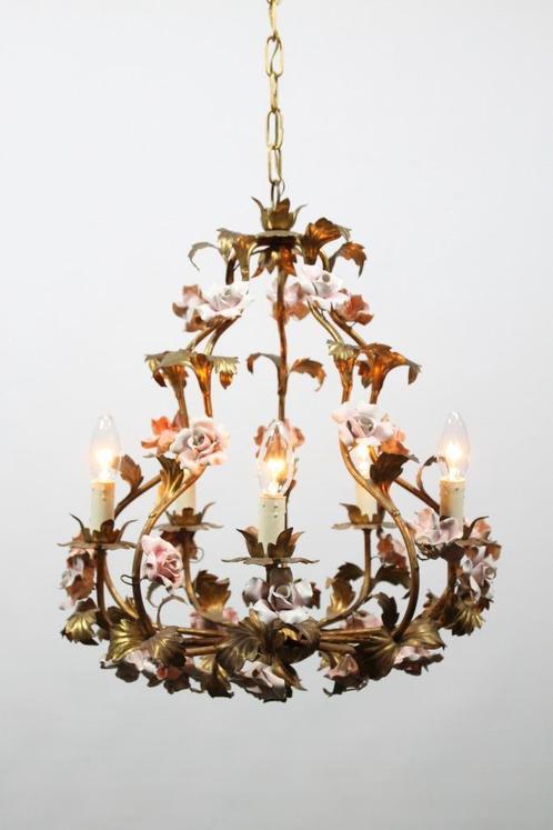 Italiaans kroonluchter porselein bloemen, Antiek en Kunst, Antiek | Lampen, Ophalen of Verzenden