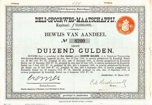 DELI - SPOORWEG - MAATSCHAPPIJ Nr 8200 DUIZEND GULDEN, Postzegels en Munten, Aandelen en Waardepapieren, Aandeel, Verzenden
