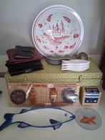 Lot curio antiek bord vissen chinees kist portemonnee leer, Ophalen of Verzenden