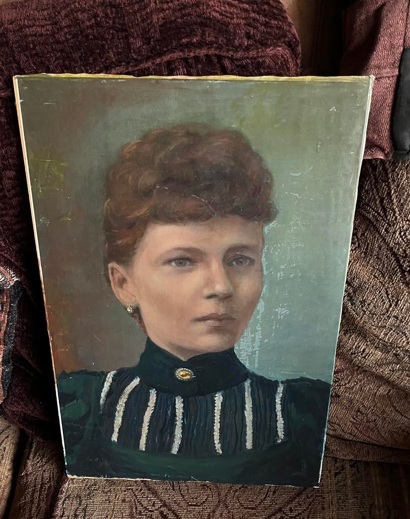 Oud Portret Schilderij van Dame - Olieverf op Karton, Ophalen of Verzenden