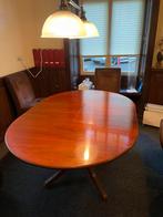 Notenhouten ronde uitklapbare tafel, Huis en Inrichting, 100 tot 150 cm, Rond, Gebruikt, Ophalen