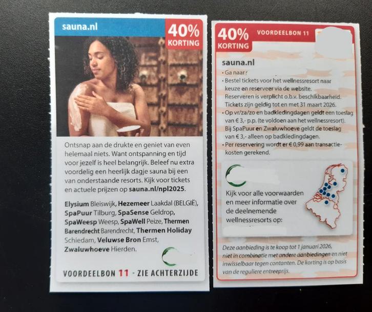 Sauna 40% korting, Tickets en Kaartjes, Kortingen en Cadeaubonnen