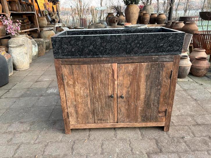 Badkamermeubel Old Wood met hardstenen bak. Nieuw! Aktie!!, Huis en Inrichting, Badkamer | Badkamermeubels, Nieuw, Wastafelkast