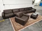 Vintage 70s Lederen Modulaire Bank Dark Brown + Poef, Gebruikt, Vintage, Leer, Ophalen of Verzenden