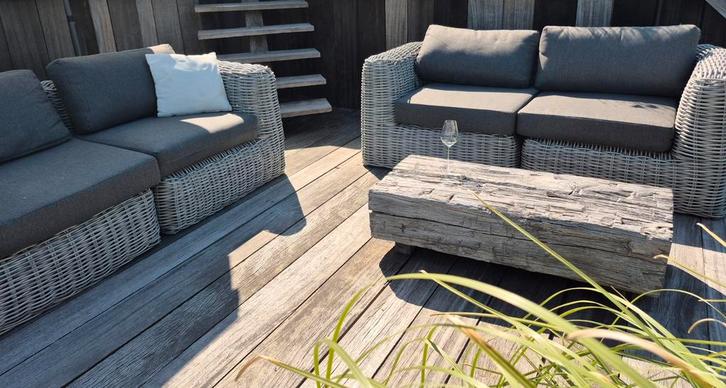 Meerpaaltafels,buitentafel,terrastafel,loungetafel, Tuin en Terras, Tuintafels, Zo goed als nieuw, Rechthoekig, Hout, Ophalen