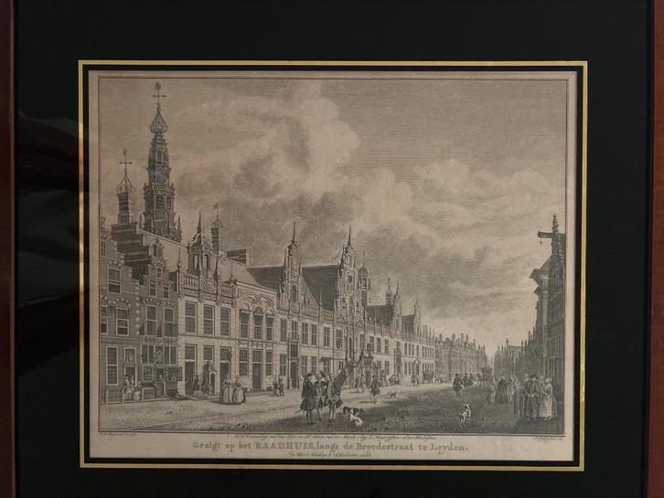 A. Delfos: Leyden  Gezigt op het raadhuis, langs de breedest, Antiek en Kunst, Kunst | Schilderijen | Klassiek, Ophalen of Verzenden