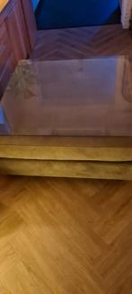Taupe hocker/tafel 1x1m met glasplaat, Huis en Inrichting, Tafels | Salontafels, Ophalen, Gebruikt, 50 tot 100 cm, Vierkant