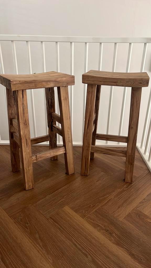 Teak Houten Barkrukken - 4 Stuks ZGAN!, Huis en Inrichting, Barkrukken, Zo goed als nieuw, 60 tot 90 cm, Hout, 4 krukken, Met voetsteun