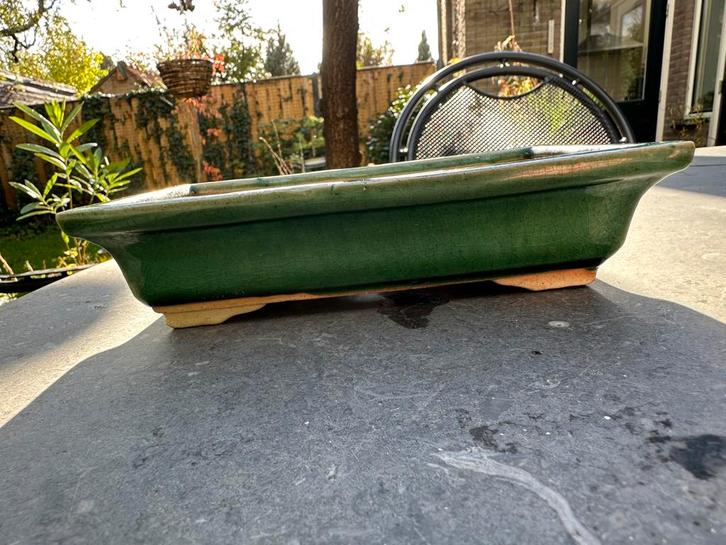 Groen geglazuurde rechthoekige bonsaischaal, Tuin en Terras, Bloempotten, Gebruikt, Aardewerk, Binnen, Balkon, Tuin, Minder dan 40 cm