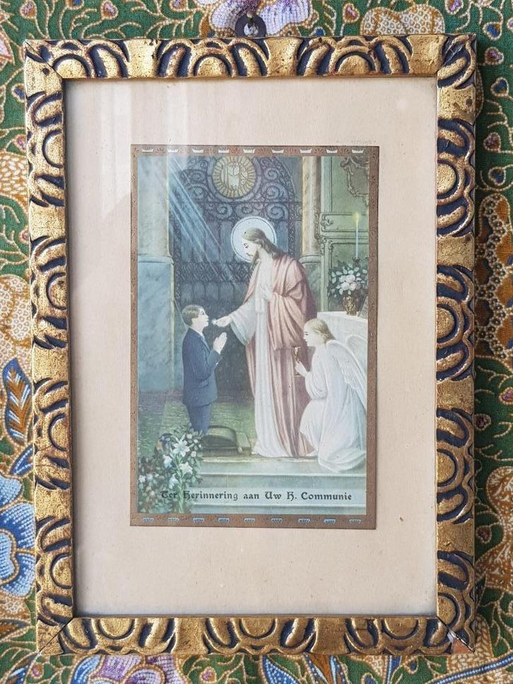 Mooie originele antieke ingelijste communie prent 22,3 cm., Antiek en Kunst, Antiek | Religie, Ophalen of Verzenden