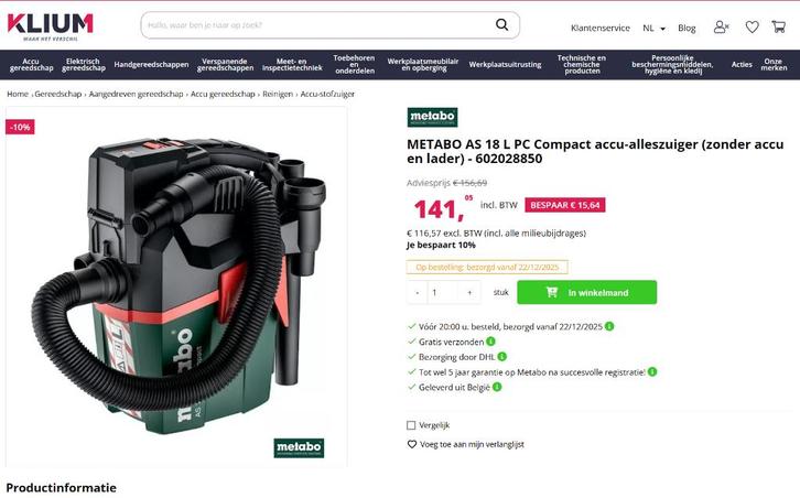NIEUW METABO ACCU STOFZUIGER CAS EN DEWALT ACCU, Doe-het-zelf en Verbouw, Reinigingsmachines, Nieuw, Waterstofzuiger, Ophalen of Verzenden