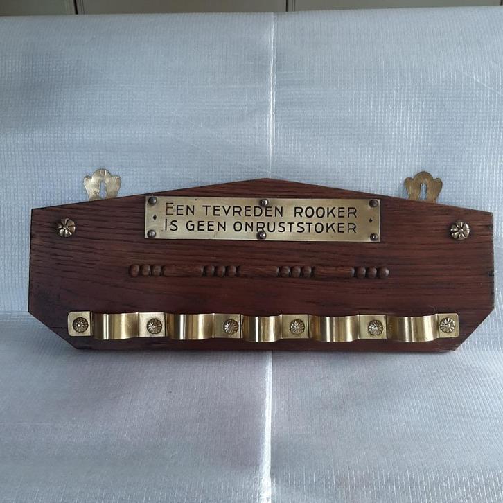 antiek, houten pijpenrekje voor 5 tabakspijpen met opschrift, Antiek en Kunst, Antiek | Woonaccessoires, Ophalen