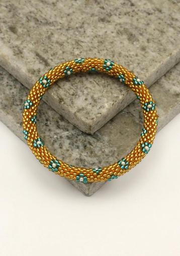 Glaskralen armband - goud met blauwwitte bloemen - RB103 beschikbaar voor biedingen
