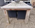 Teakhouten tuintafel + twee zwarte stoelen, Ophalen, Gebruikt, Rechthoekig, Hout