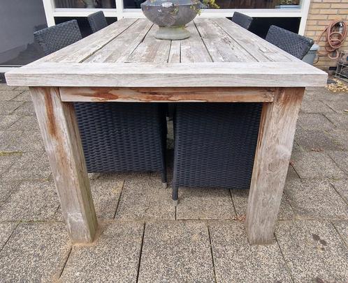 Teakhouten tuintafel + twee zwarte stoelen, Tuin en Terras, Tuintafels, Gebruikt, Rechthoekig, Hout, Ophalen