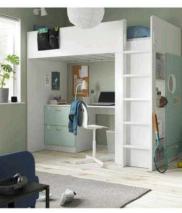 Ikea hoogslaper met bureau en ladekast lichtgroen/turquoise  beschikbaar voor biedingen