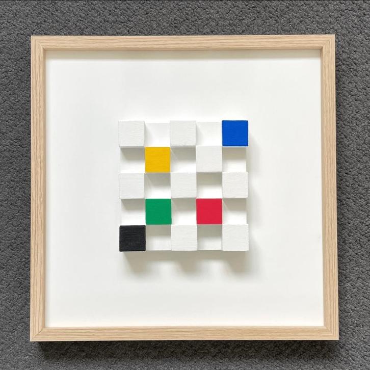 Schilderij van blokken uit oude blokkendoos - recycling!, Huis en Inrichting, Woonaccessoires | Schilderijen, Tekeningen en Foto's