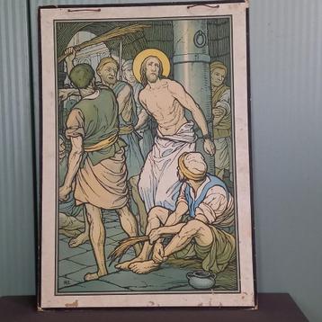 Religieuze dubbelzijdige antieke schoolposter beschikbaar voor biedingen