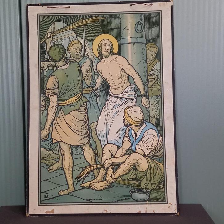 Religieuze dubbelzijdige antieke schoolposter, Antiek en Kunst, Antiek | Religie, Ophalen of Verzenden