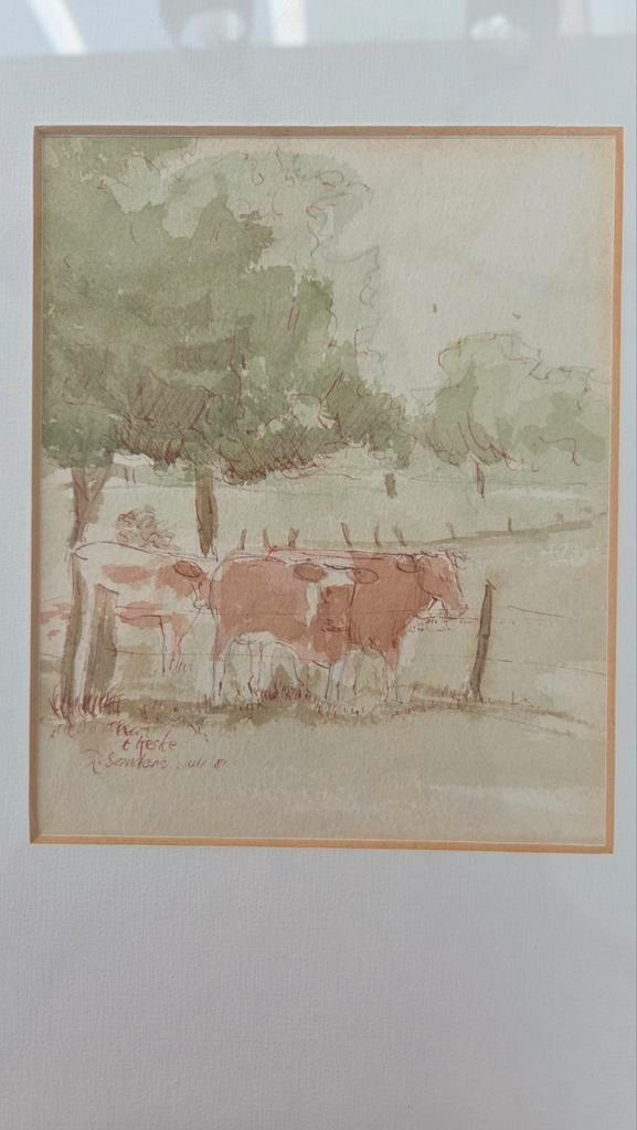 Aquarel Koeien - Sanders 1981 bieden, Antiek en Kunst, Kunst | Tekeningen en Foto's, Ophalen of Verzenden