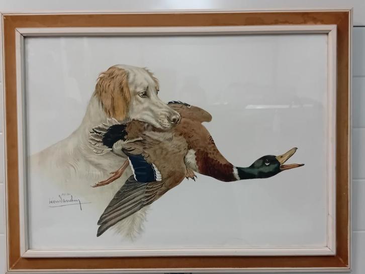 Leon Danchin Litho - Jachttafereel Bretagne Spaniel, Antiek en Kunst, Kunst | Tekeningen en Foto's, Ophalen of Verzenden
