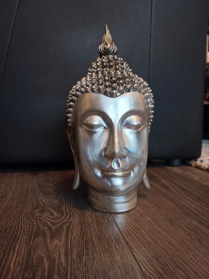 Zilveren Boeddha Hoofd Decoratie, Huis en Inrichting, Woonaccessoires | Boeddhabeelden, Gebruikt, Ophalen of Verzenden
