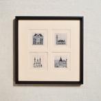 Vierluik etsjes Den Haag 30x30 cm, Huis en Inrichting, Woonaccessoires | Schilderijen, Tekeningen en Foto's, Minder dan 50 cm