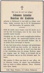 Johannes A.H.  der Kinderen 1884 + 1956 Helmond, 72 jaar, Verzamelen, Verzenden, Bidprentje