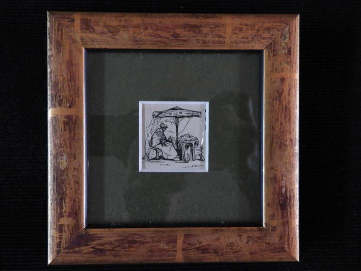 Gravure - Vrouw achter verkoopkraam, Antiek en Kunst, Kunst | Etsen en Gravures, Ophalen of Verzenden