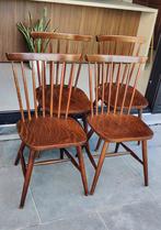 Authentieke set (4) vintage spijlenstoelen, Huis en Inrichting, Stoelen, Ophalen, Gebruikt, Bruin, Hout