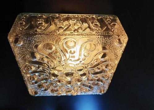 Vintage Vierkanten Plafondlamp / Plafonniere met Reliëf Glas, Huis en Inrichting, Lampen | Plafondlampen, Glas, Metaal, Ophalen of Verzenden