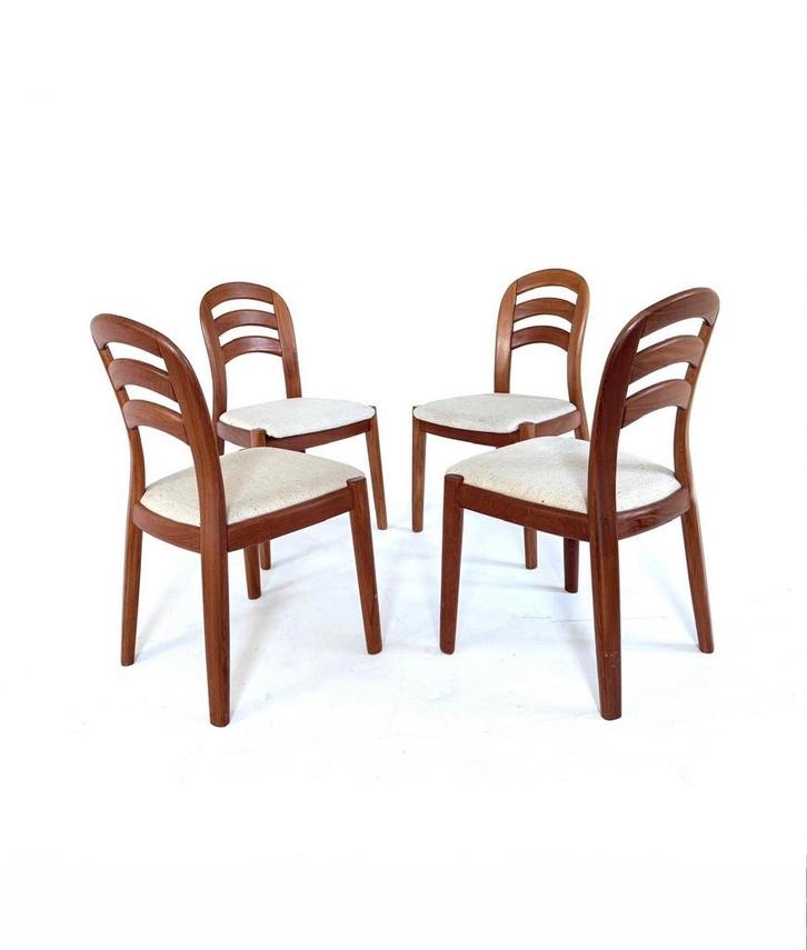 Set van 4 vintage eetkamerstoelen, Koefoeds Hornslet ‘80, Huis en Inrichting, Stoelen, Zo goed als nieuw, Vier, Hout, Stof, Bruin