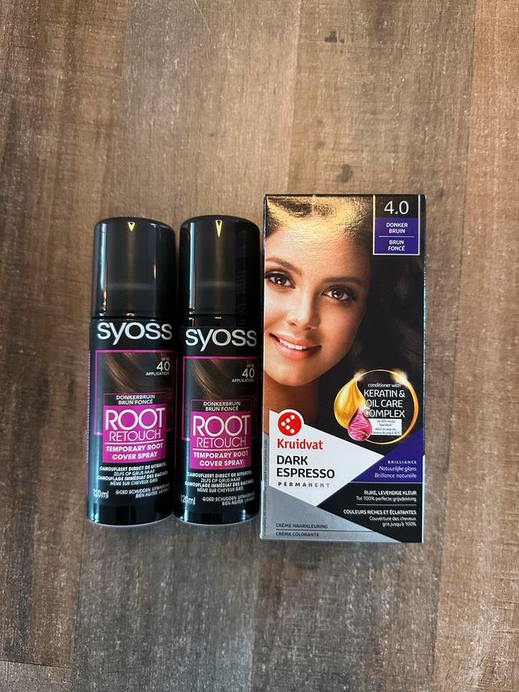 Haarverf Kruidvat Dark Espresso + Syoss Root Retouch, Sieraden, Tassen en Uiterlijk, Uiterlijk | Haarverzorging, Nieuw, Haarverzorger of -hersteller