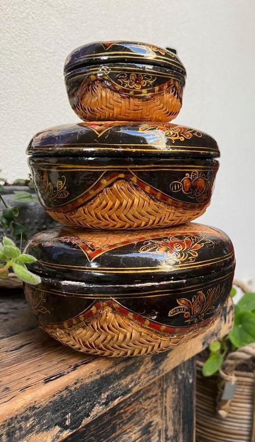 Chinese zwart lakdoos Bamboe hars handbeschilderd oud set, Antiek en Kunst, Kunst | Niet-Westerse kunst, Ophalen of Verzenden