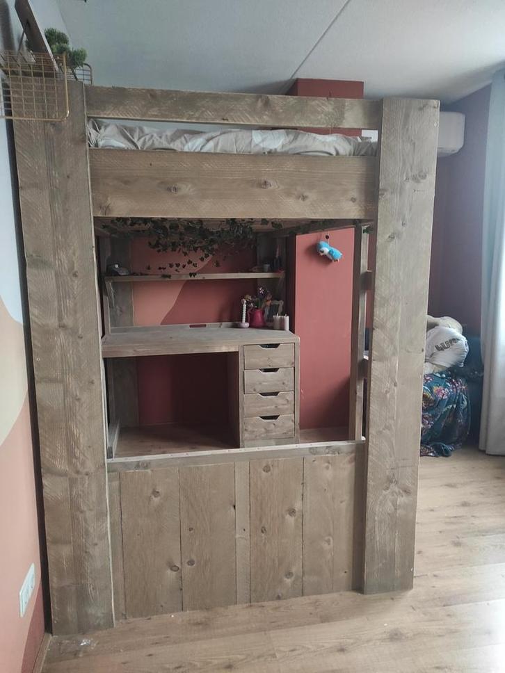 Steigerhouten Hoogslaper met Bureau, Huis en Inrichting, Slaapkamer | Bedden, Zo goed als nieuw, Eenpersoons, 120 cm, 200 cm, Steigerhout
