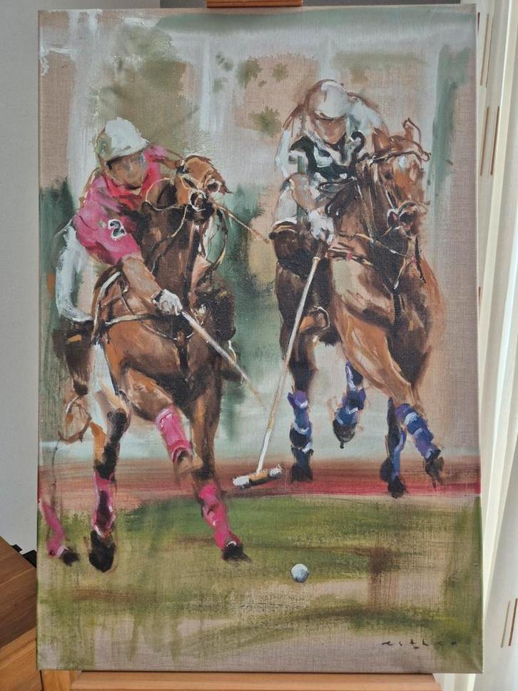 Olieverf Schilderij: Polo Paarden op Linnen, Antiek en Kunst, Kunst | Schilderijen | Klassiek, Ophalen