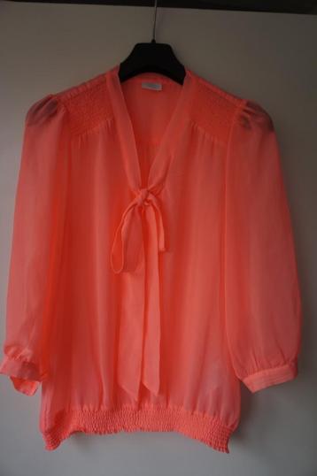 VILA oranje roze dunne neon fluor blouse met strik mt M / 38 beschikbaar voor biedingen