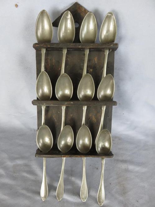 Antiek lepelrek met 12 tinnen lepels - 19e - 20e eeuw, Antiek en Kunst, Curiosa en Brocante, Ophalen of Verzenden
