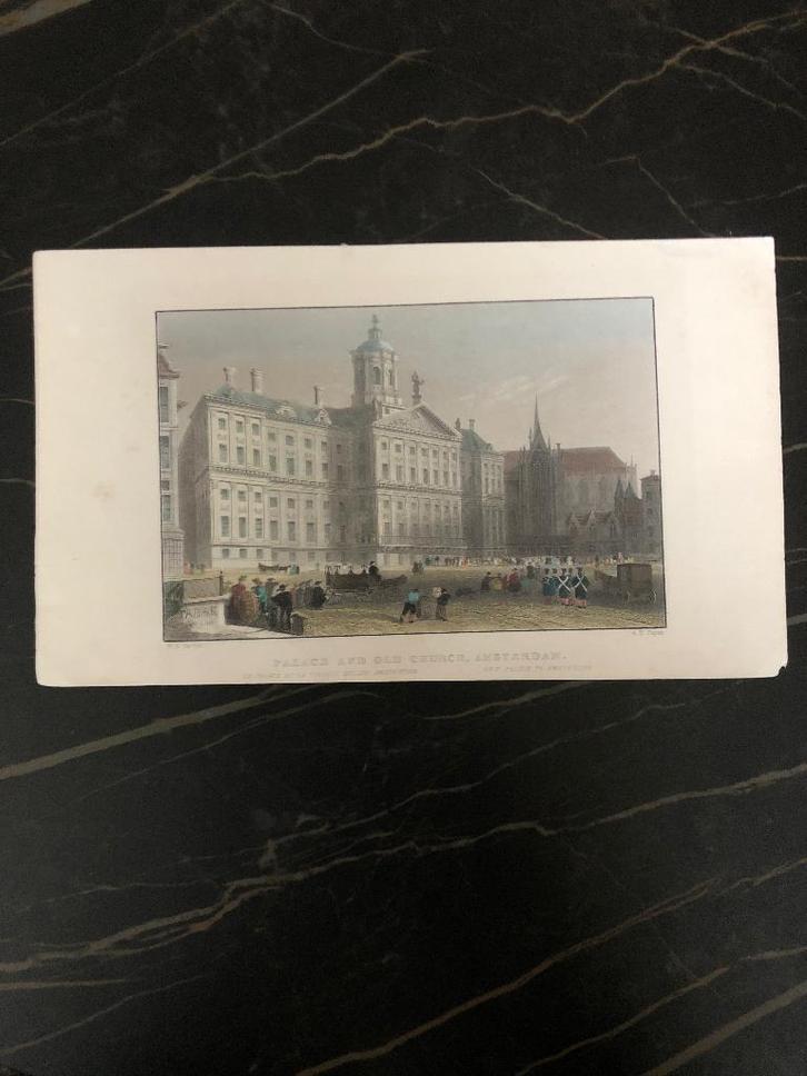 Paleis en oude kerk, Amsterdam Gravure, Antiek en Kunst, Kunst | Etsen en Gravures, Ophalen of Verzenden