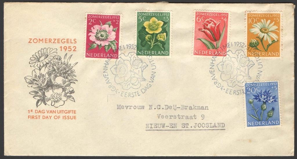 Nederland FDC E9 Met Adres Zomerzegels Bloemen 1952, Postzegels en Munten, Postzegels | Eerstedagenveloppen, Ophalen of Verzenden