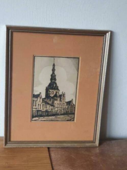 Houtsnede Henri Wils Stadhuis Zierikzee, Antiek en Kunst, Kunst | Etsen en Gravures, Ophalen
