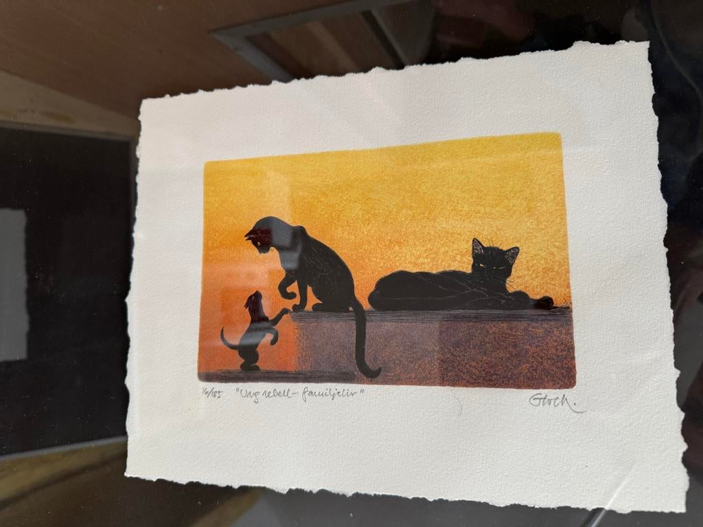 Zeefdruk 'Familiegeluk' van Strok - Katten, Antiek en Kunst, Kunst | Litho's en Zeefdrukken, Ophalen of Verzenden