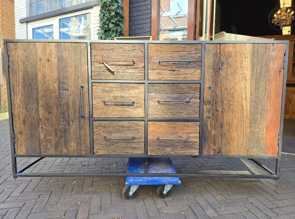 Teak & staal dressoir | ladenkast | televisiekast, Met deur(en), 150 tot 200 cm, Teakhout, Ophalen of Verzenden