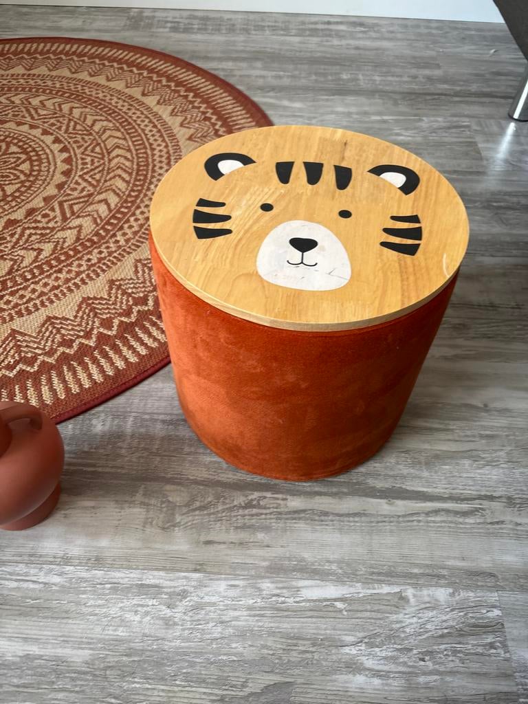 Leuk kinder poefje met opbergruimte - Tijger design, Minder dan 50 cm, Gebruikt, Rond, Ophalen of Verzenden