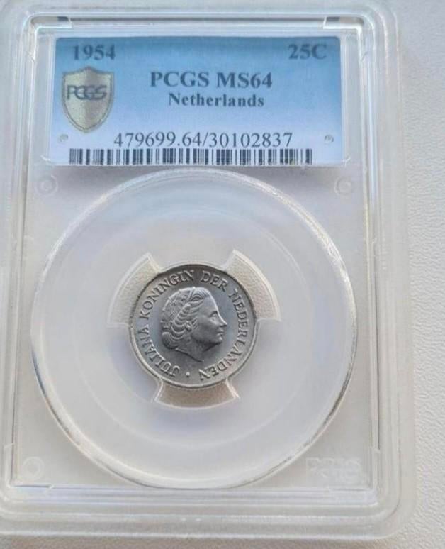 25 cent 1954 PCGS MS64 POP 2/3, Postzegels en Munten, Munten | Nederland, Ophalen of Verzenden, Koningin Juliana, 25 cent, Losse munt