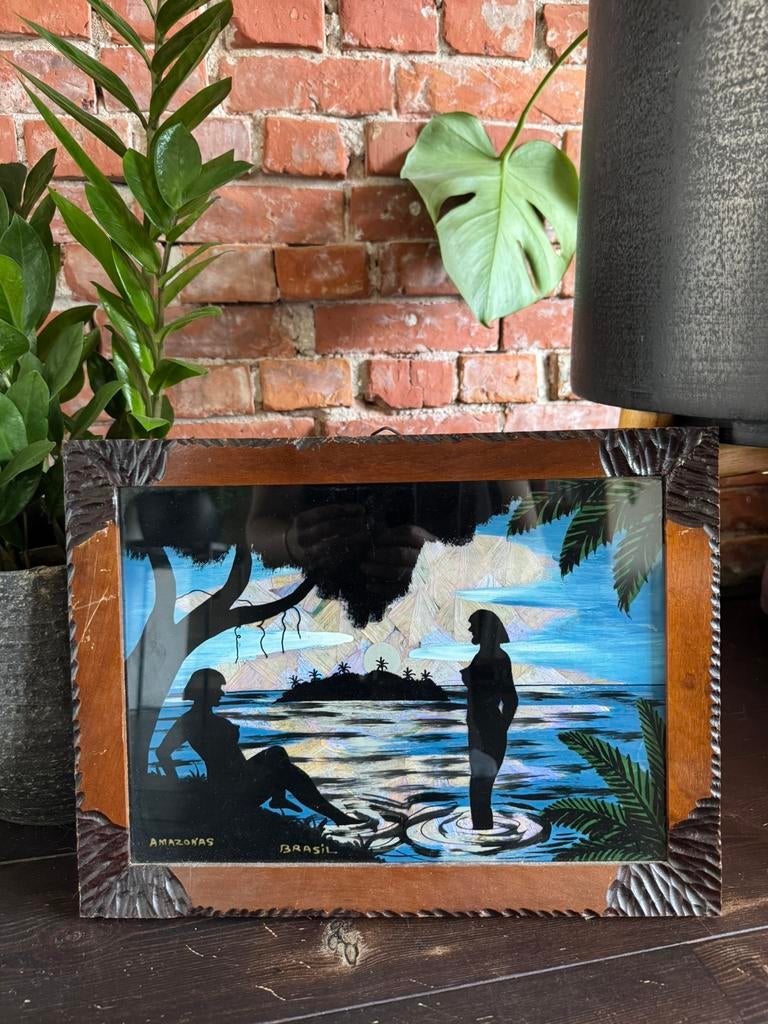 Vintage Braziliaans vlindervleugel schilderij, Ophalen of Verzenden