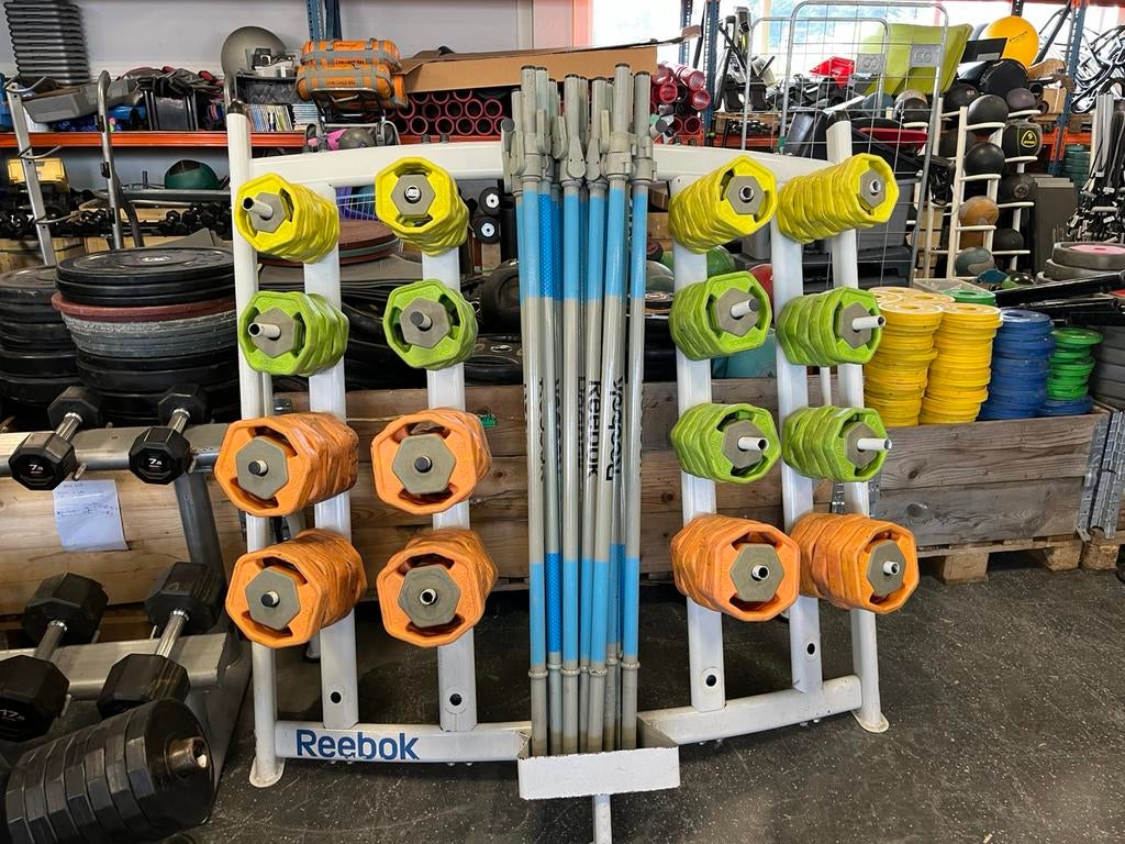 15 x reebok rep bodypump set incl rek, Sport en Fitness, Ophalen, Gebruikt, Reebok, Met rek