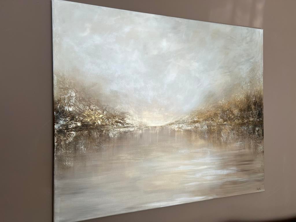 Handgemaakt abstract landschap schilderij groot goud beige, Ophalen