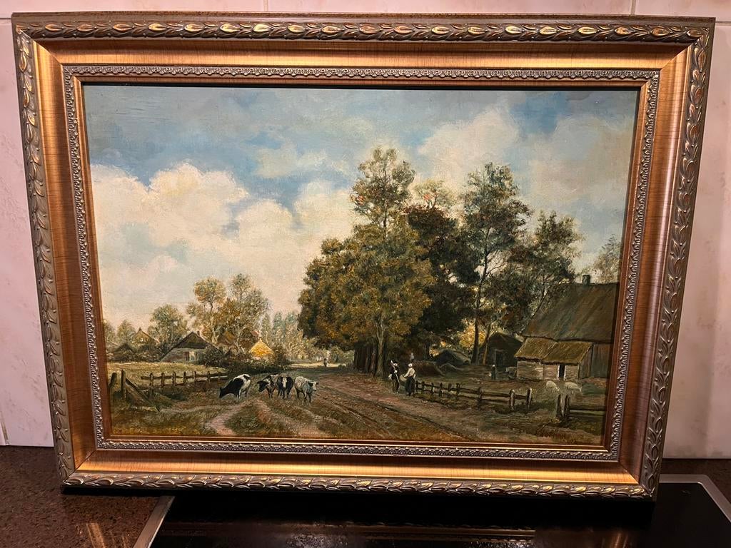 Prachtige olieverf dorpsgezicht met koeien, Ophalen of Verzenden