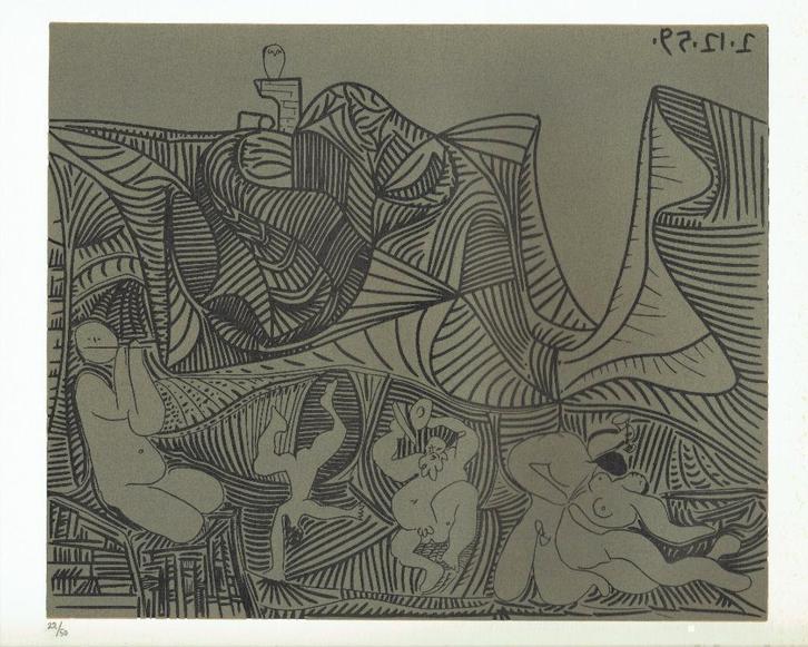 Picasso Bacchanal with Pair of Lovers and Owl Linocut, Antiek en Kunst, Kunst | Litho's en Zeefdrukken, Ophalen of Verzenden